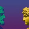 Античные статуи Аристотеля и Александра Македонского. Неоновый коллаж к новости об обнаружении залов древней школы в греческой Миезе