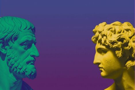 Античные статуи Аристотеля и Александра Македонского. Неоновый коллаж к новости об обнаружении залов древней школы в греческой Миезе