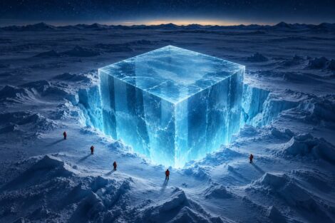 Иллюстрация нейтринного телескопа IceCube в Антарктиде в виде огромного светящегося куба прозрачного синего льда, вокруг которого стоят полярные исследователи.